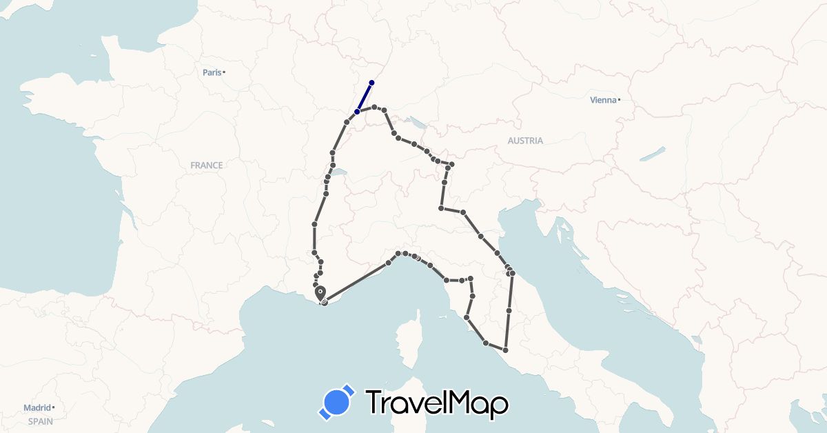 TravelMap itinerary: driving, motorbike in Switzerland, Germany, France, Italy (Europe)